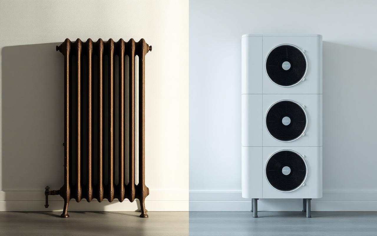 Old radiator next to a modern heat pump